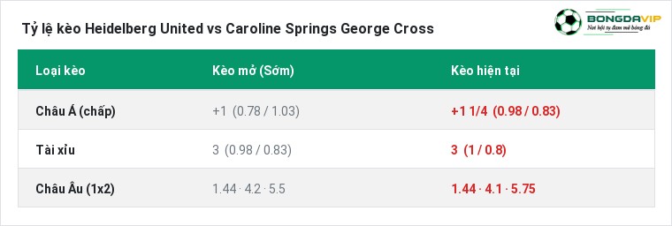 Tỷ lệ kèo Heidelberg United vs Caroline Springs George Cross tại BongdaVIP