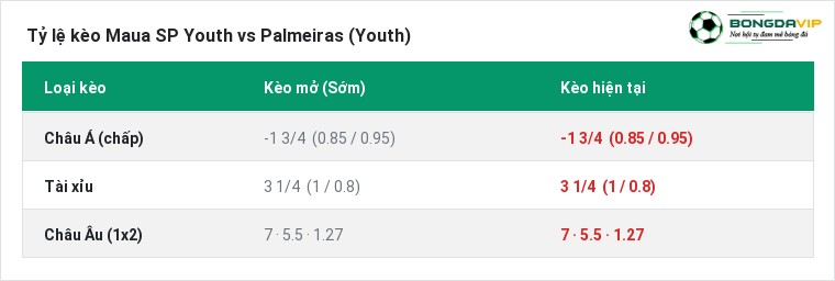 Tỷ lệ kèo Maua SP Youth vs Palmeiras (Youth) tại BongdaVIP