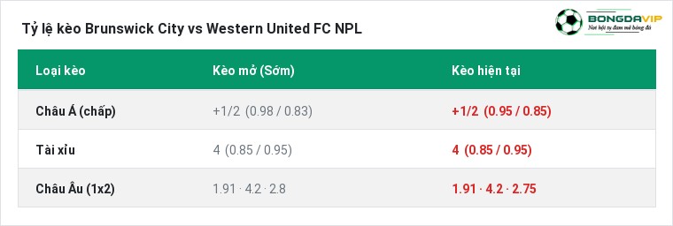 Tỷ lệ kèo Brunswick City vs Western United FC NPL tại BongdaVIP
