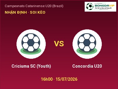 Dự đoán Criciuma SC (Youth) vs Concordia U20, 16h00 ngày 15/07: Tỷ lệ kèo Campeonato Catarinense U20 (Brazil)